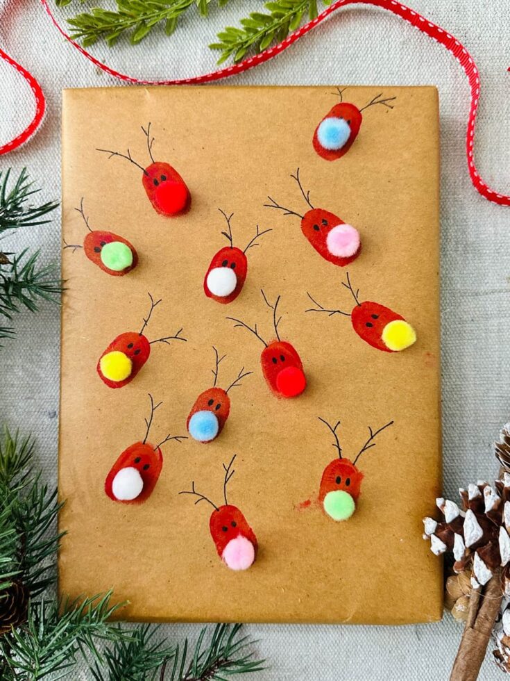 DIY Rudolph Fingerprint Christmas Gift Wrap