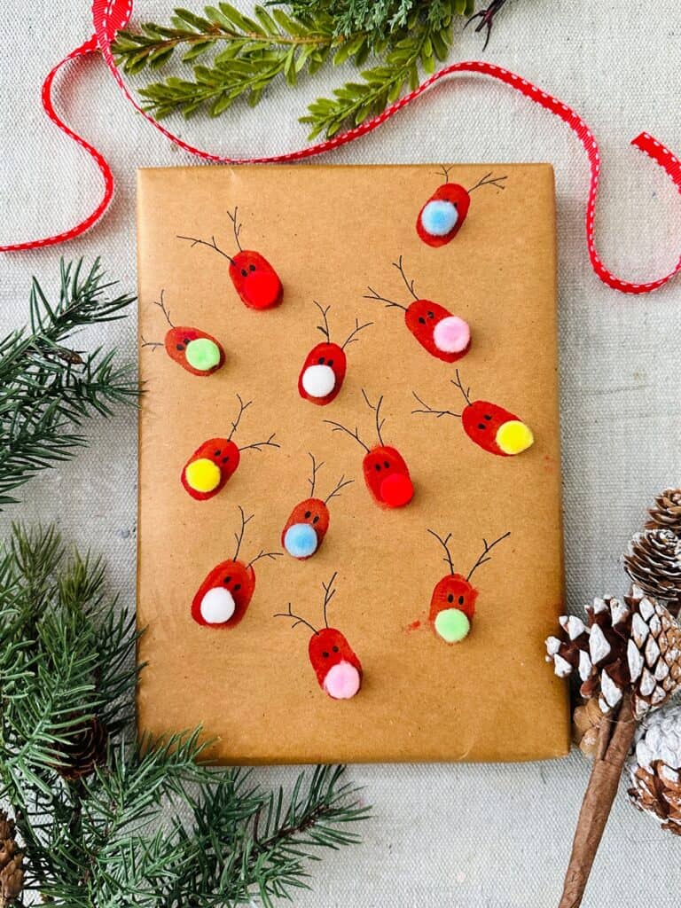 DIY Rudolph Fingerprint Christmas Gift Wrap